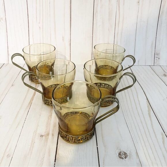 Vintage MCM Set of 5 Libbey Amber Grecian Key Continental Cups Mugs Glass - Picture 1 of 7